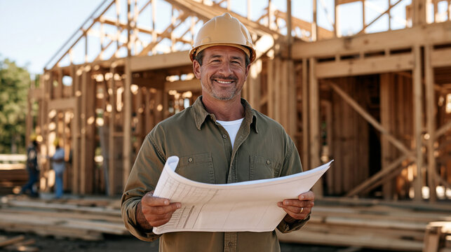 Builder wearing a hardhat supervising a wooden frame house project while holding blueprints, construction crew and timber structure in background, project supervision, contractor,