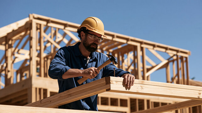 Carpenter building a two-story wooden frame house, wearing protective helmet and glasses while hammering a structural nail, sustainable construction, timber home, skilled