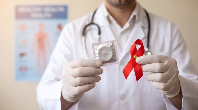 Professional Doctor Holding Red Ribbon and Condom to Promote AIDS Awareness and Prevention of Sexually Transmitted Infections in a Medical Clinic