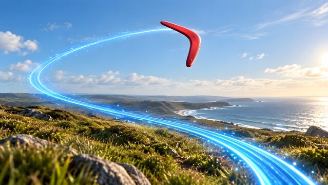 Red wooden boomerang flying fast through the air leaving glowing blue light trail above scenic coastal landscape.