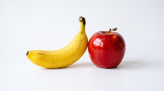 Fresh banana and red apple isolated on white background