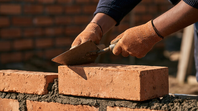 Mason applying cement mortar while building a brick wall, close-up of gloved hands and professional masonry tools, detailed brickwork, construction craftsmanship, building worker,