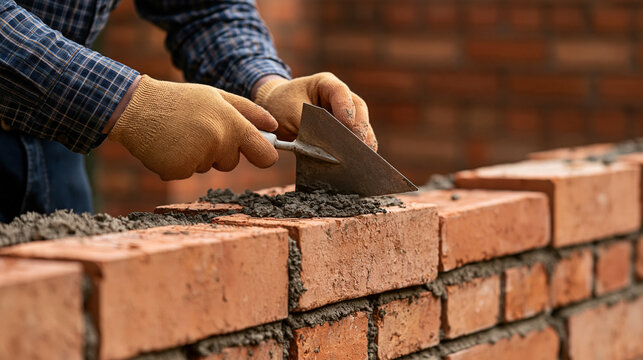 Mason applying cement mortar while building a brick wall, close-up of gloved hands and professional masonry tools, detailed brickwork, construction craftsmanship, building worker,