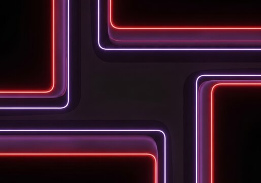 Glowing ruby red and ultraviolet neon grid lines frame abstract flowing minimalist blocks over a dark charcoal backdrop in a modern poster, abstract, flow, geometric
