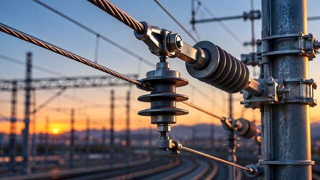 Close up of high voltage railway catenary electrical insulator and overhead power line against sunset sky.