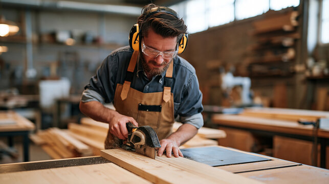 Skilled carpenter cutting a timber board in a professional workshop, safety equipment, sawdust, woodworking tools and focused craftsmanship, carpentry, woodworking, construction