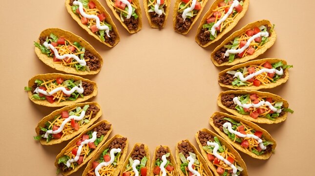 National taco day food circle arrangement on tan background