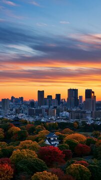 a high vantage point. The sky displays a gradient of warm colors, transitioning from deep blue at the top to fiery orange and pink near the horizon.