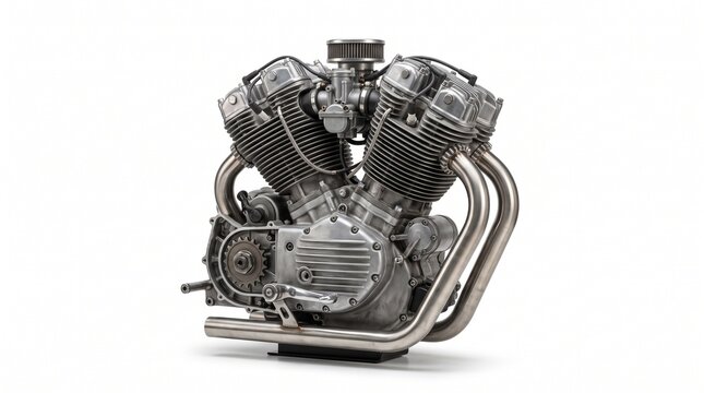 Classic V2 Motorcycle Engine Component Isolated on White Surface