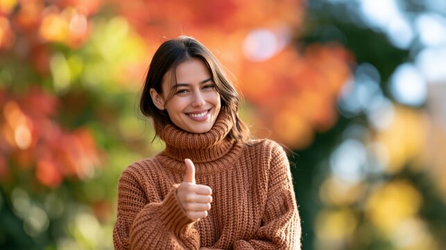 a young woman outdoors during autumn. She wears a textured, brown turtleneck sweater and smiles, showing a thumbsup gesture. The background is a vibrant display of orange, yellow, and green leaves.