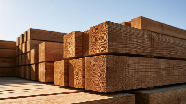 Collection of neatly stacked wooden construction elements at a building site, timber beams, boards and structural connectors, sustainable materials, carpentry, building supplies,