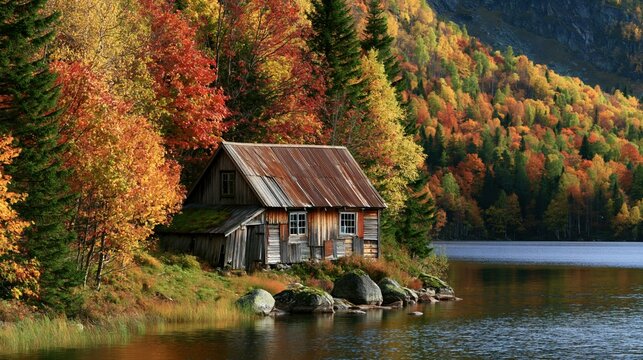 a serene autumn landscape features a rustic wooden cabin situated beside a calm lake. The cabin has a weathered wooden exterior and a corrugated metal roof.