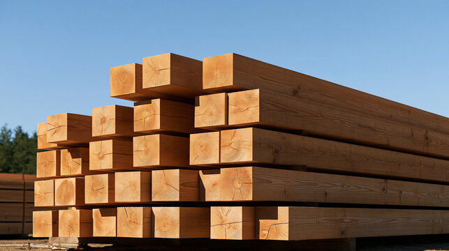 Collection of neatly stacked wooden construction elements at a building site, timber beams, boards and structural connectors, sustainable materials, carpentry, building supplies,