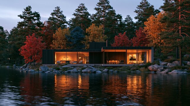 a serene lake. The house has a sleek, dark exterior with large glass windows that allow abundant natural light to illuminate the interior. The lake reflects the house and surrounding trees.