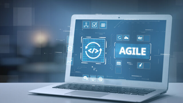 Dynamic laptop screen showcases agile software principles with bright icons, ideal for technology projects and digital innovation themes in business environments. Salient