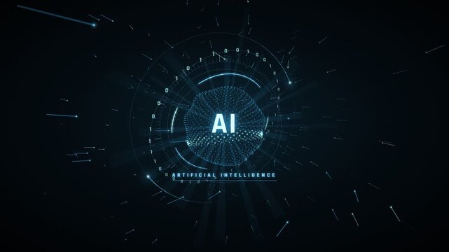 Futuristic AI digital brain network visualization with glowing particles and binary code on dark background