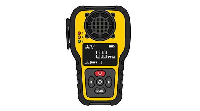 Graphic illustration of a yellow portable gas detector with digital display showing parts per million on a white background