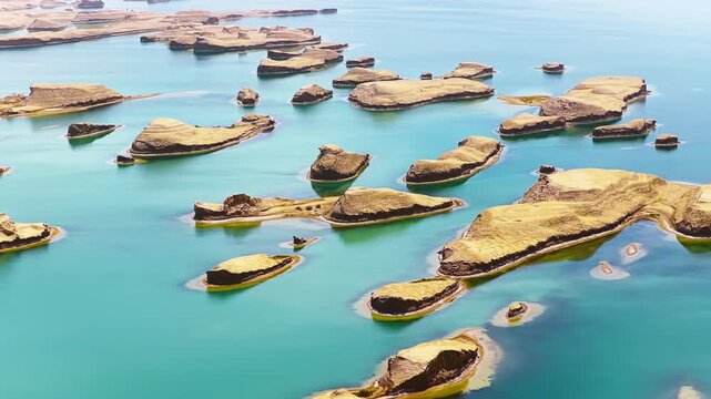 High angle perspective shows unique yardang landforms floating on turquoise water in Qinghai, creating a surreal desert lake landscape under clear sunlight.
