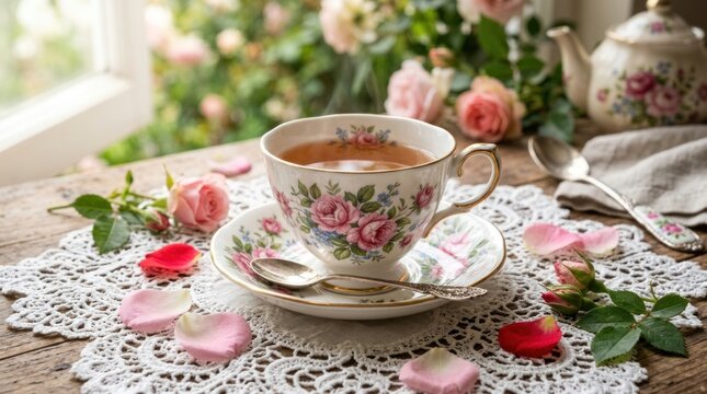 Elegant tea set with pink roses on lace doily.
