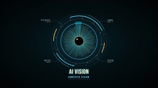 Futuristic AI vision system with digital eye and data analysis interface showing scanning and object detection progress