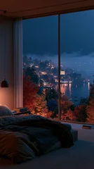 a serene bedroom with a panoramic view of a cityscape. The main subject is a bed with a blanket and pillows, situated in front of a large window that offers a breathtaking view of the city at night. © rabbit75_fot