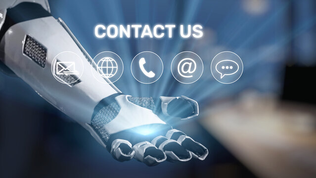 A futuristic robotic arm extends with icons representing various contact methods. symbolizes advanced communication tools for modern businesses. Salient