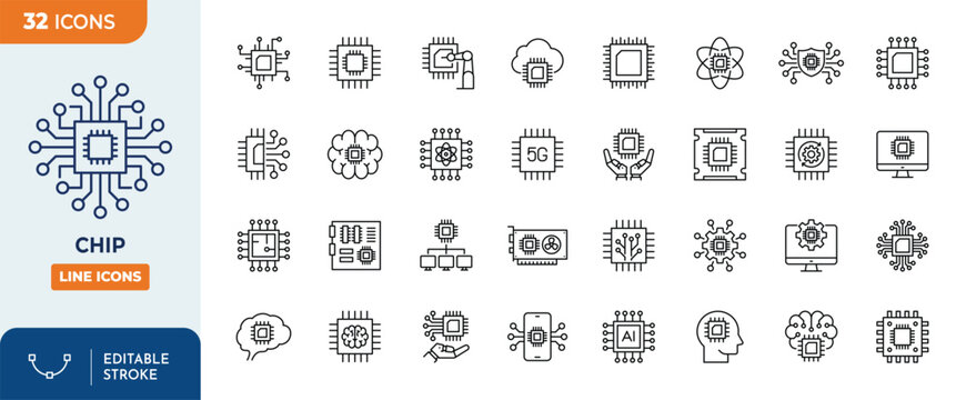 Chip icon set. Editable stroke. Vector illustration
