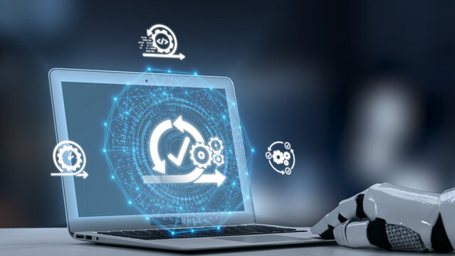 A robotic hand engages with a laptop screen showcasing digital automation graphics. represents innovation in technology, emphasizing efficiency and progress in workflow systems. Salient