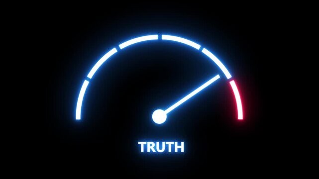 Neon glowing truth gauge meter animation featuring a moving indicator needle rising to maximum levels for concepts of honesty, fact checking, transparency, integrity, and accurate data verification