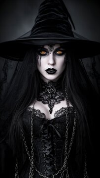 bruja, hechicera, mujer g&oacute;tica, brujer&iacute;a, magia oscura, ocultismo, Halloween, terror, fantas&iacute;a oscura, sombrero de bruja, sombrero puntiagudo, ojos dorados, ojos brillantes, maquillaje g&oacute;tico, maquill