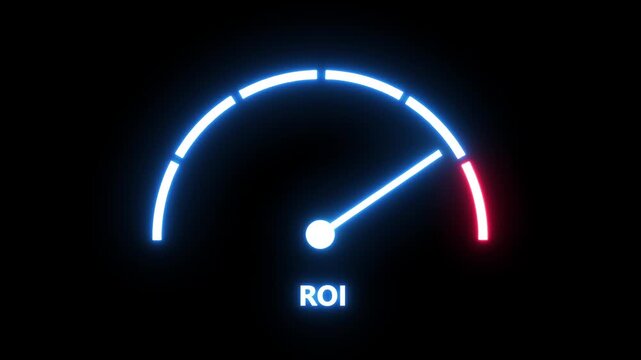 Dynamic neon roi gauge meter animation representing return on investment, financial growth, business performance metrics, and successful marketing analytics in a sleek, modern digital data interface