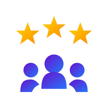 Customer rating and review icons with stars and people silhouette.