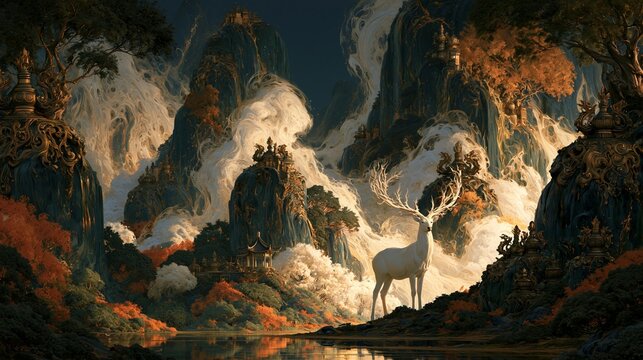 a mystical landscape. A majestic white deer with large antlers stands in the foreground, gazing into the distance. The deer is surrounded by towering, intricately carved rock formations.