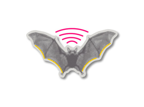 Halftone pop art bat sticker with pink soundwaves and paper texture isolated on transparent background