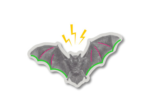 Halftone pop art bat sticker with paper texture cut and yellow lightning bolts on transparent background