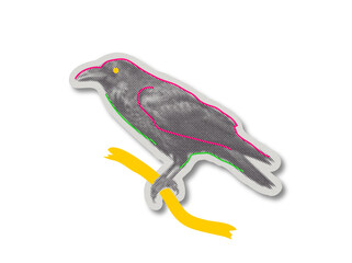 Obraz premium Halftone pop art style raven perched on a yellow branch sticker with transparent background