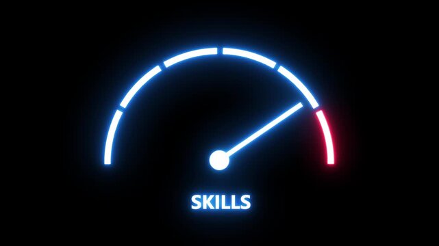 Dynamic neon skills gauge meter animation representing growth, career development, performance tracking, competency levels, and achievement metrics in a modern digital interface