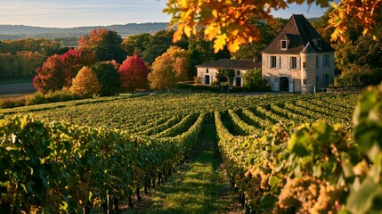 Obraz premium a picturesque vineyard scene during autumn. A stone house with a turret is the main subject, surrounded by rows of grapevines. The vineyard is bathed in the warm glow of the setting sun.