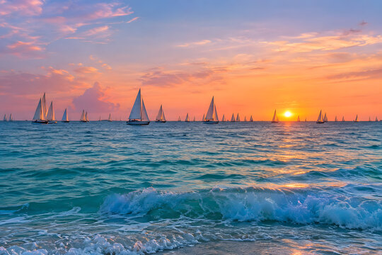 Sailboats on calm turquoise ocean at vibrant sunset