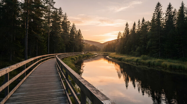 Wooden boardwalk winding along a calm river at sunset