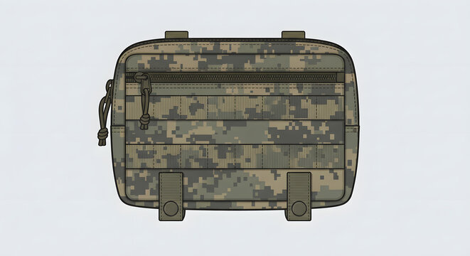 Digital camouflage tactical utility pouch with MOLLE webbing and snap straps