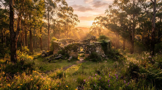 Ancient stone ruins in a sunlit forest at golden hour