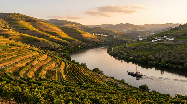 Vineyard terraces along a river in a valley at sunset