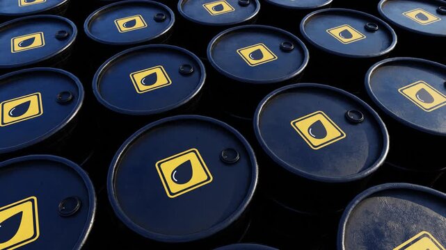 Drone flying over crude oil barrels with petroleum symbols. Trade war, oil market fluctuation, crude oil prices, gas or petroleum supply chain and world energy industry concept. 3d video