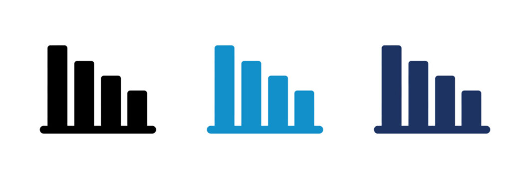 Set of bar chart icons showing decreasing financial trends in black and blue colors.