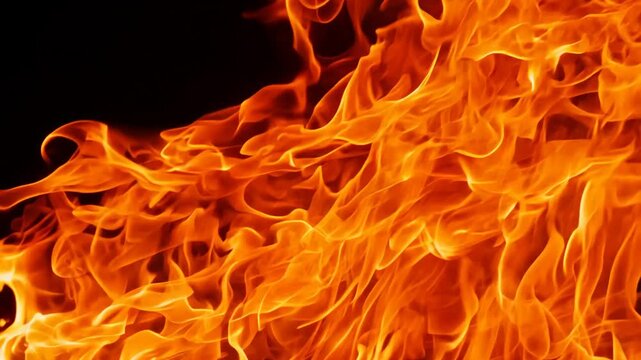 Fiery Orange and Red Flames on Black Background, Abstract Burning Fire Texture with Glowing Heat, Energy, Blaze and Dramatic Inferno Light