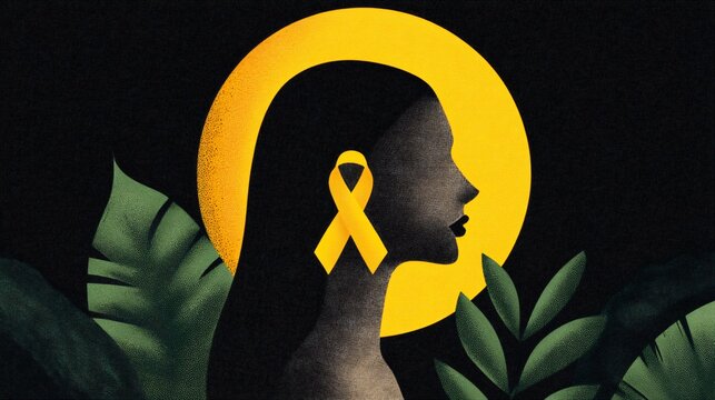 symbolic illustration of inner strength, woman surrounded by glowing light and yellow ribbon, hope and resilience concept art