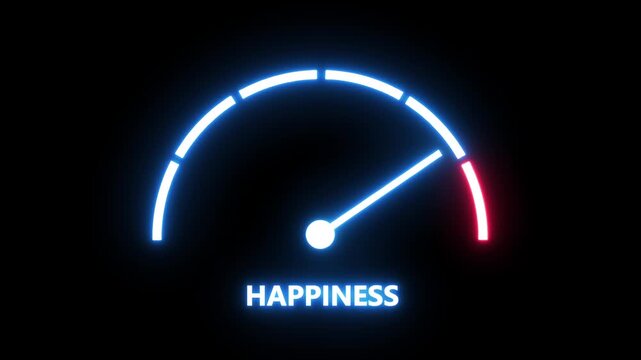 Neon glowing happiness level gauge meter animation moving toward maximum satisfaction indicator concept highlighting positive emotional state and mental well-being progress bar for digital user
