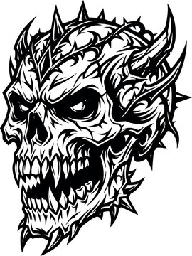 Horned demon skull with sharp fangs and jagged spikes isolated on white, black tribal style illustration for tattoo design