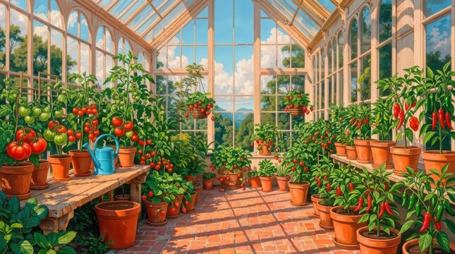 Elegant Victorian Greenhouse Filled with Lush Tropical Plants and Colorful Flowers, Detailed 8K Vector Illustration